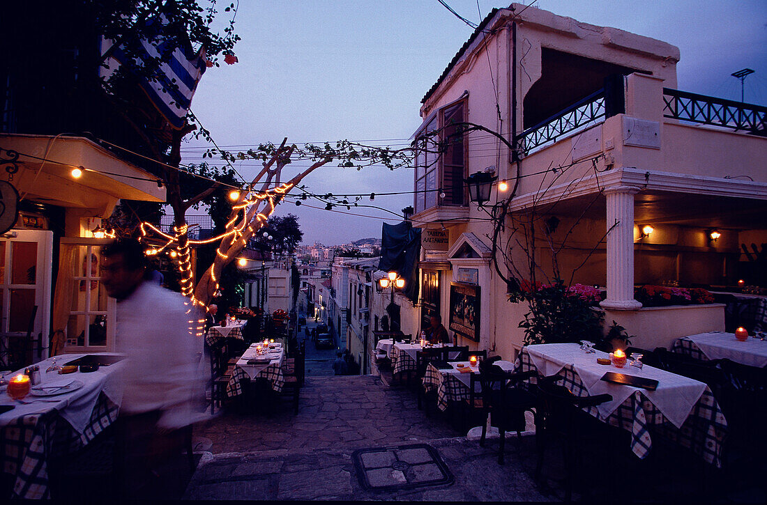 Restaurants at Night, Plaka, Athens, Greece