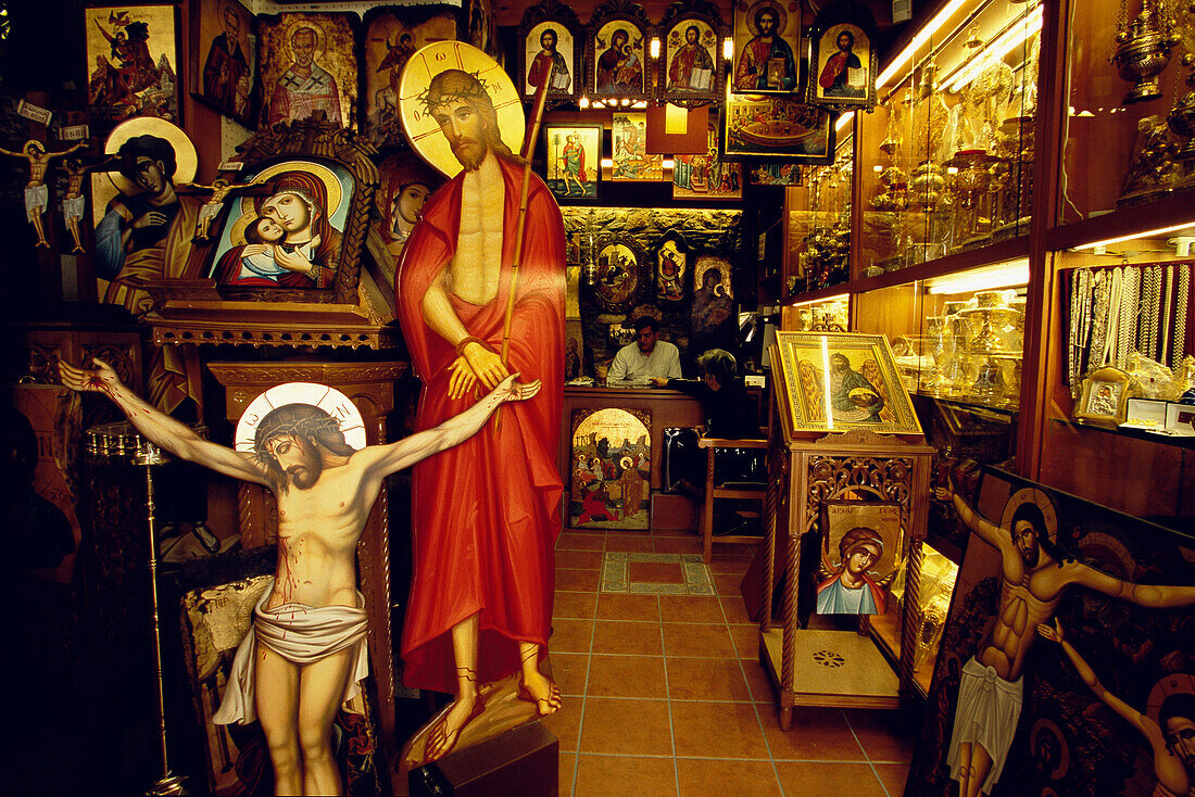 Shop selling Greek Orthodox devotional icons, Plaka, Athens, Greece