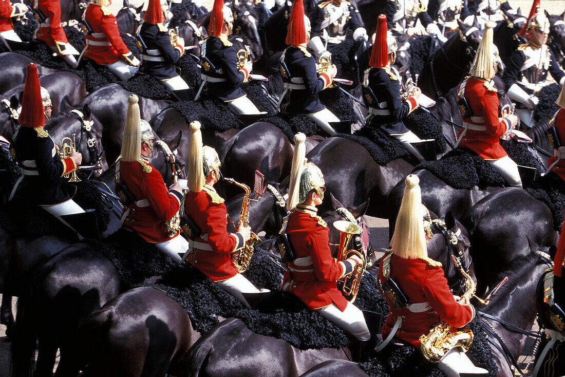 Soldiers on horseback at a military parade, Whitehall, London, England, Great Britain, Europe