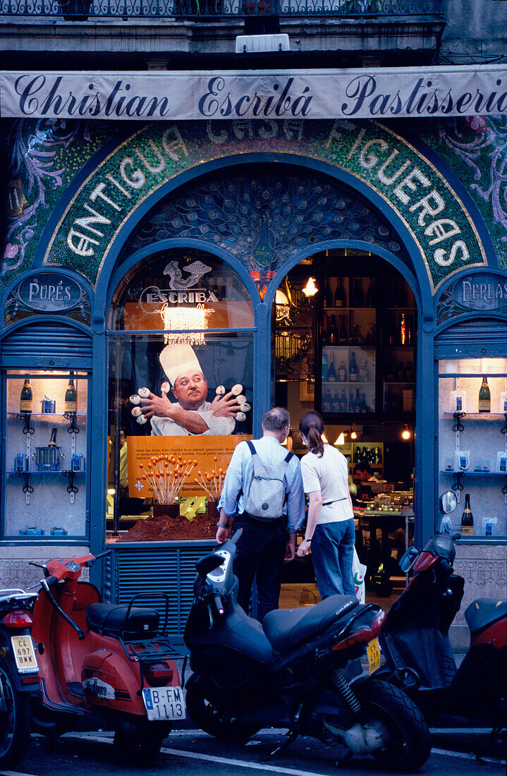 Motorcicles, Entrance, Patisserie, Barcelona, Patisserie Escriba, La Rambla, Catalonia, Spain