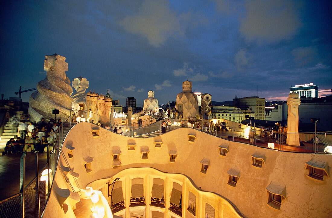 Chimneys at the roof of Casa Mila, La Pedrera, Barcelona, Catalonia, Spain