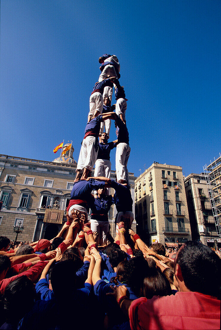 Festa de la Merce Barcelona, Castellers, human tower, Placa St. Jaume, Festa de la Merce, Barcelona, Catalonia, Spain