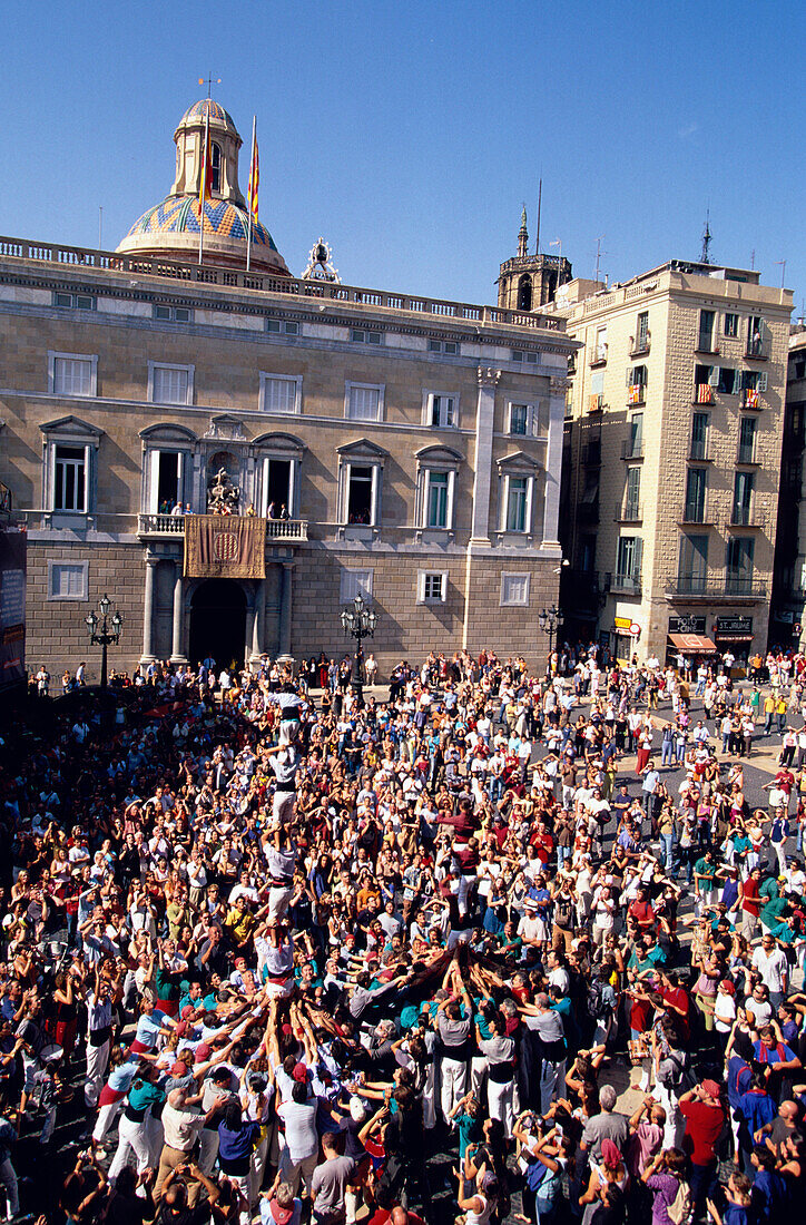 Festa de la Merce Barcelona, Castellers, human tower, Placa St. Jaume, Festa de la Merce, Barcelona, Catalonia, Spain