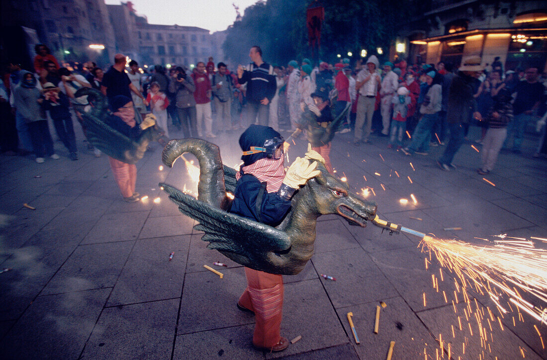 Fireworks Festa de la Merce, Drac, dragon at the Correfoc Fireworks Parade Festa de la Merce, Barcelona, Catalonia, Spain