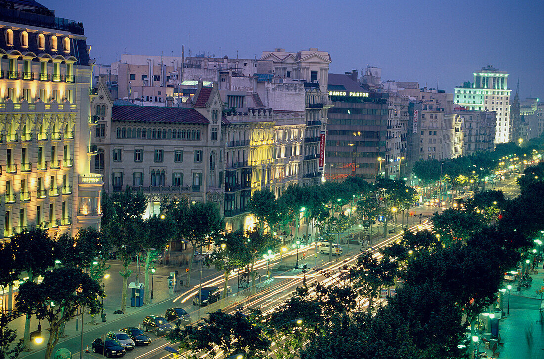 Passeig de Gracia at night, View from above, Barcelona, Catalonia, Spain