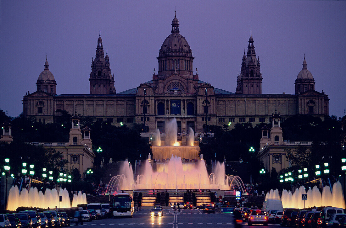 Magic Fountain, Font Magica de Montjuic, Palau National in the background, MNAC, Barcelona, Catalonia, Spain