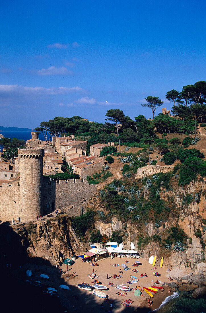 Boats Beach Castle Tossa de Mar, Vila Vella, old town with castle and beach, Tossa de Mar, Costa Brava, Catalonia, Spain