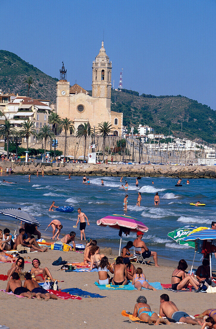 Beach Sitges Spain, Platja de la Fragata, Fragata Beach, St. Bartomeu I Santa Tecla church, Sitges, Costa de Garraf, Spain