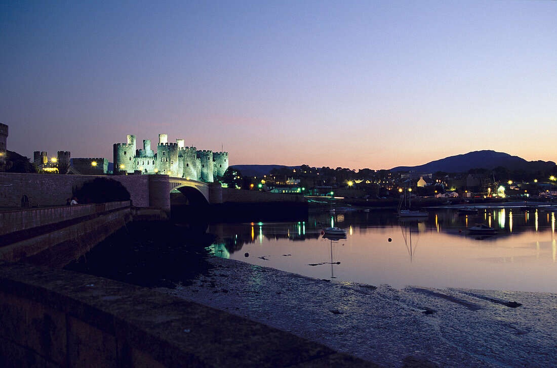 Illuminated Conwy Castle, Conwy, Gwynedd, Wales, United Kingdom