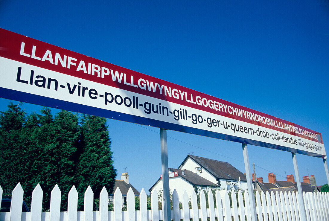 Place-name sign, Llanfair, Railway Station, Anglesey Wales, Great Britain