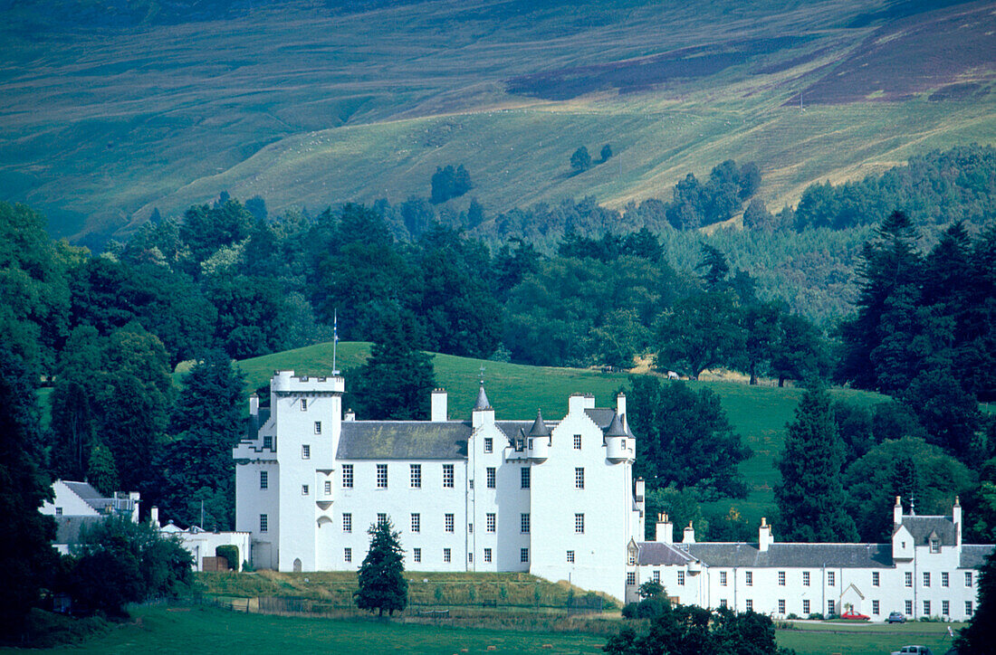 Blair castle in green landscape, Pertshire, Tayside, Scotland, Great Britain, Europe