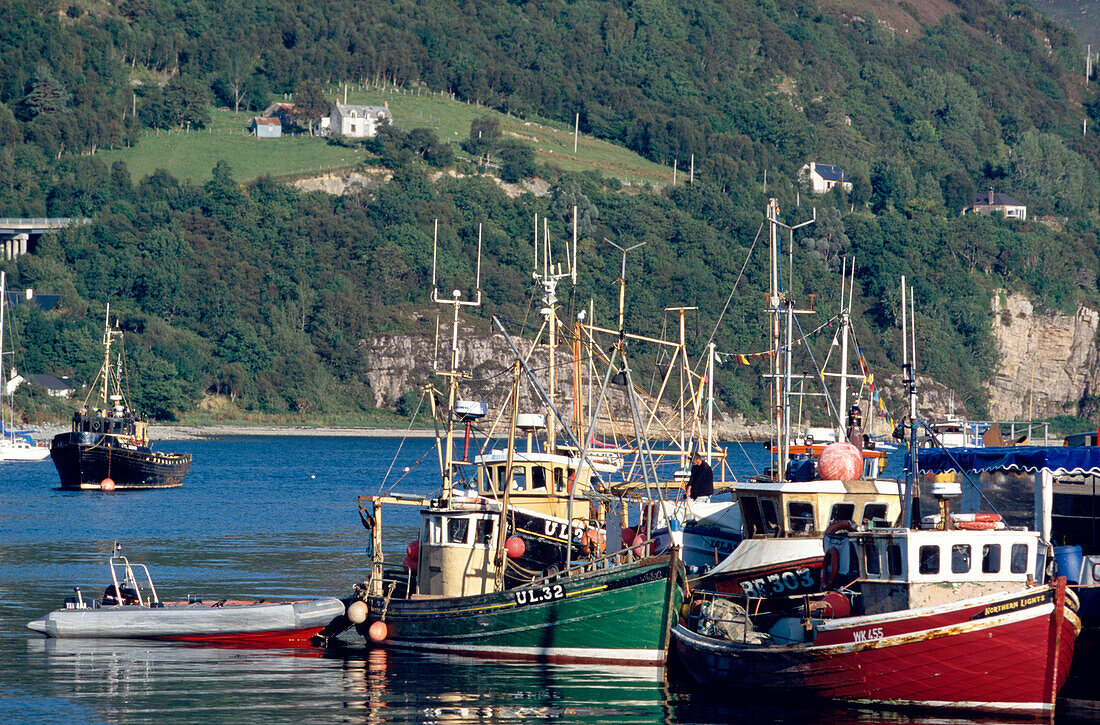 Fishing boats at Ullapool harbour at Loch Broom, Ross and Cromartyshire, Highlands, Scotland, Great Britain, Europe