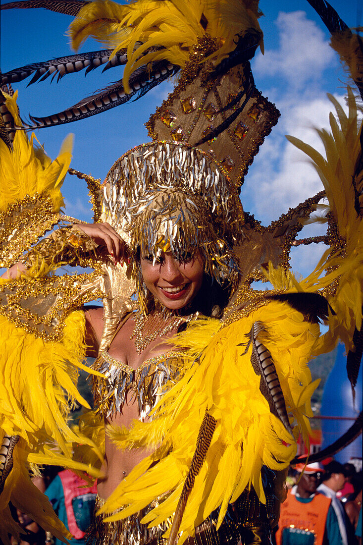 Woman in costume dancing at Mardi Gras, Carnival, Port of Spain, Trinidad and Tobago, Caribbean