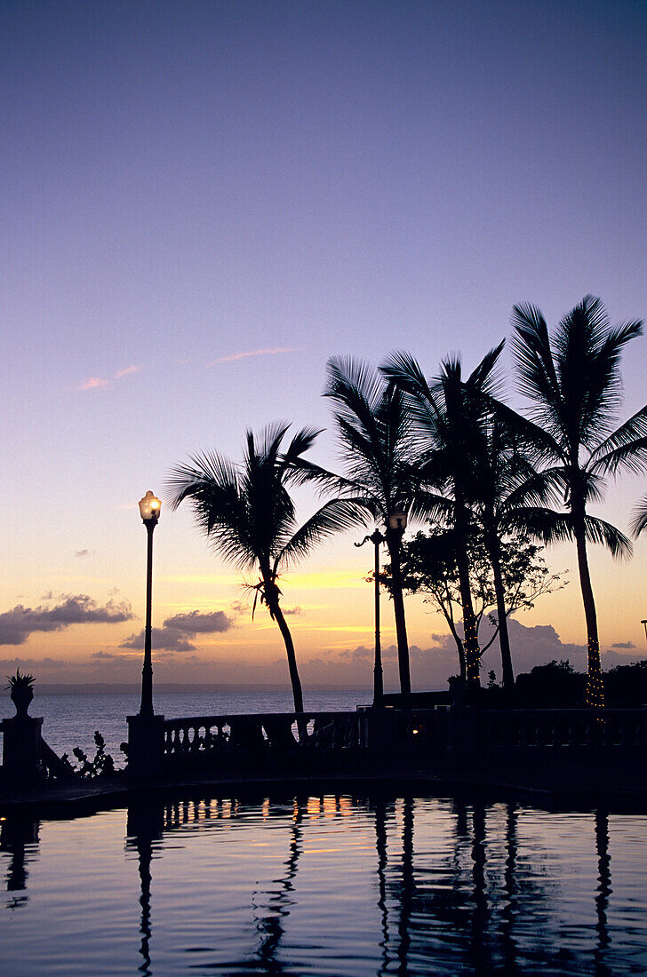 Pool of Hotel Gran Bahla in the evening light, Samana, Samana Peninsula, Dominican Republic, Caribbean