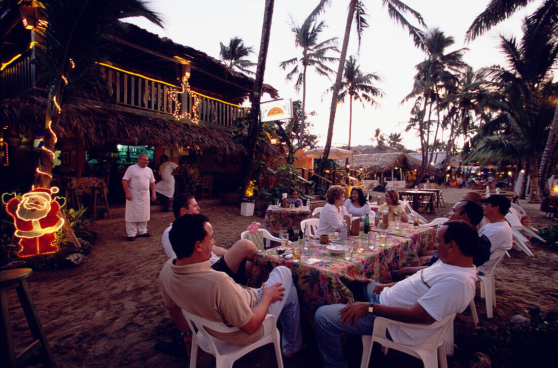 Restaurants, Evening Light, Beach, People, Evening light atmosphere in a restaurant, where people are sitting near the beach of Cabarete, Dominican Republic