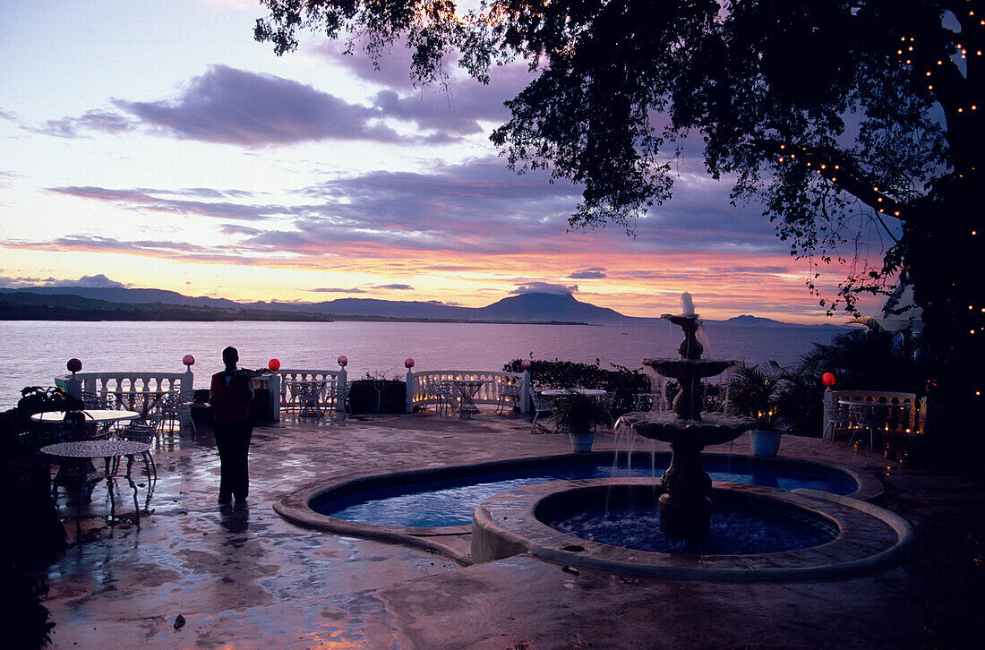 Terrace with fountain at La Puntilla De Piergiorgio Palace, italian Restaurant, Sosua, Dominican Republic, Caribbean