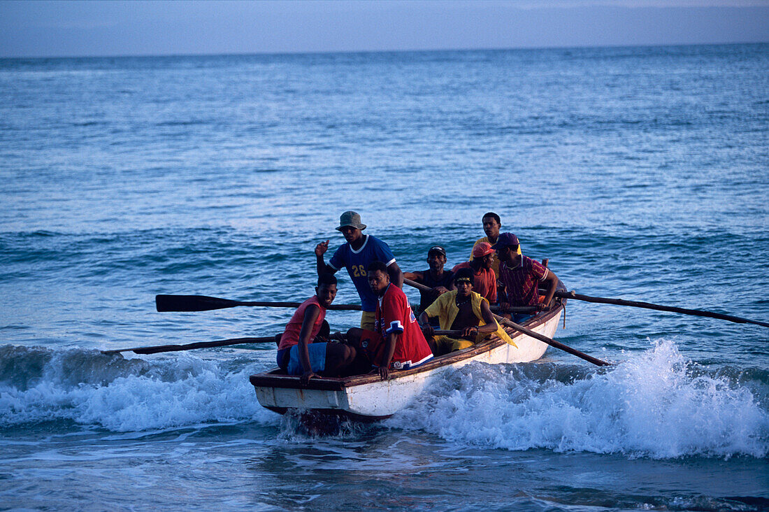 Fishermen, Oar, Beach, Fishermen in a boat near Cacaos, Samana Peninsula, Dominican Republic