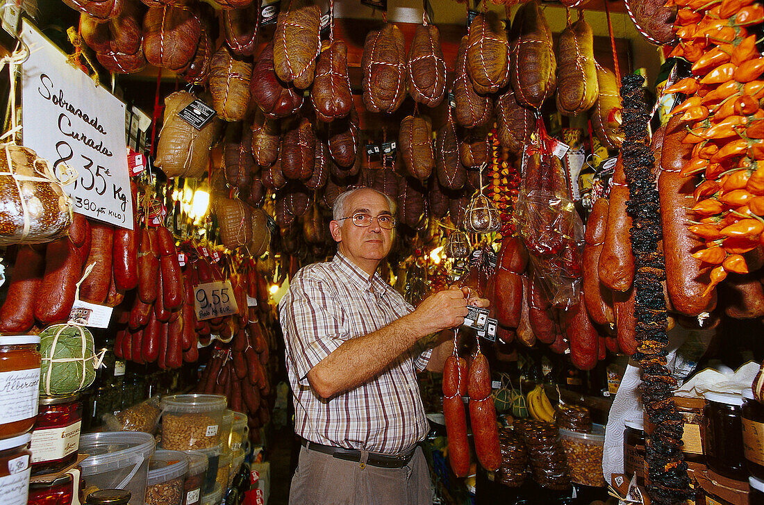 Sausage hanging in a food store, Colmado Sto Domingo, Palma, Mallorca, Spain