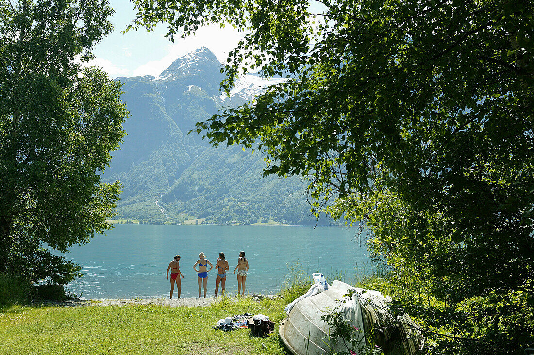 Young women at Lake Stryn, Sogn og Fjordane, Norway