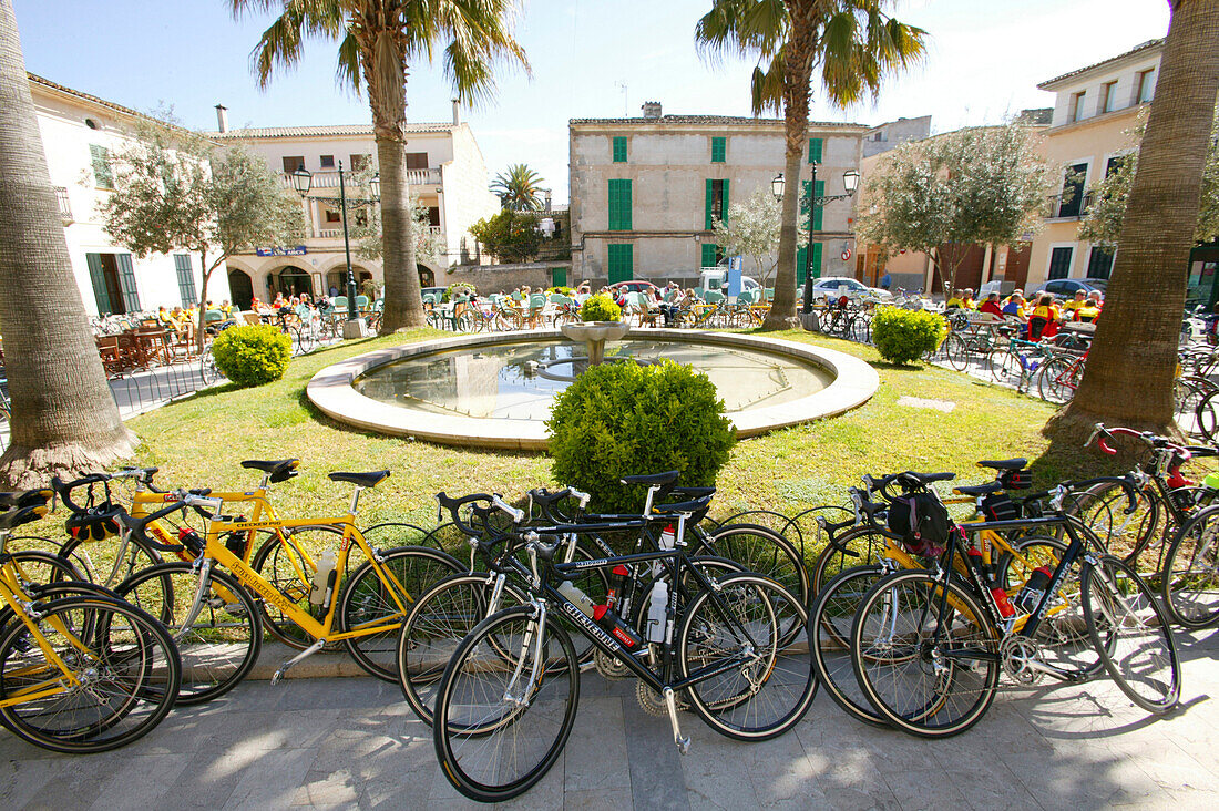 Bicycles on the plaza, Petra, Majorca, Balearic Islands, Spain