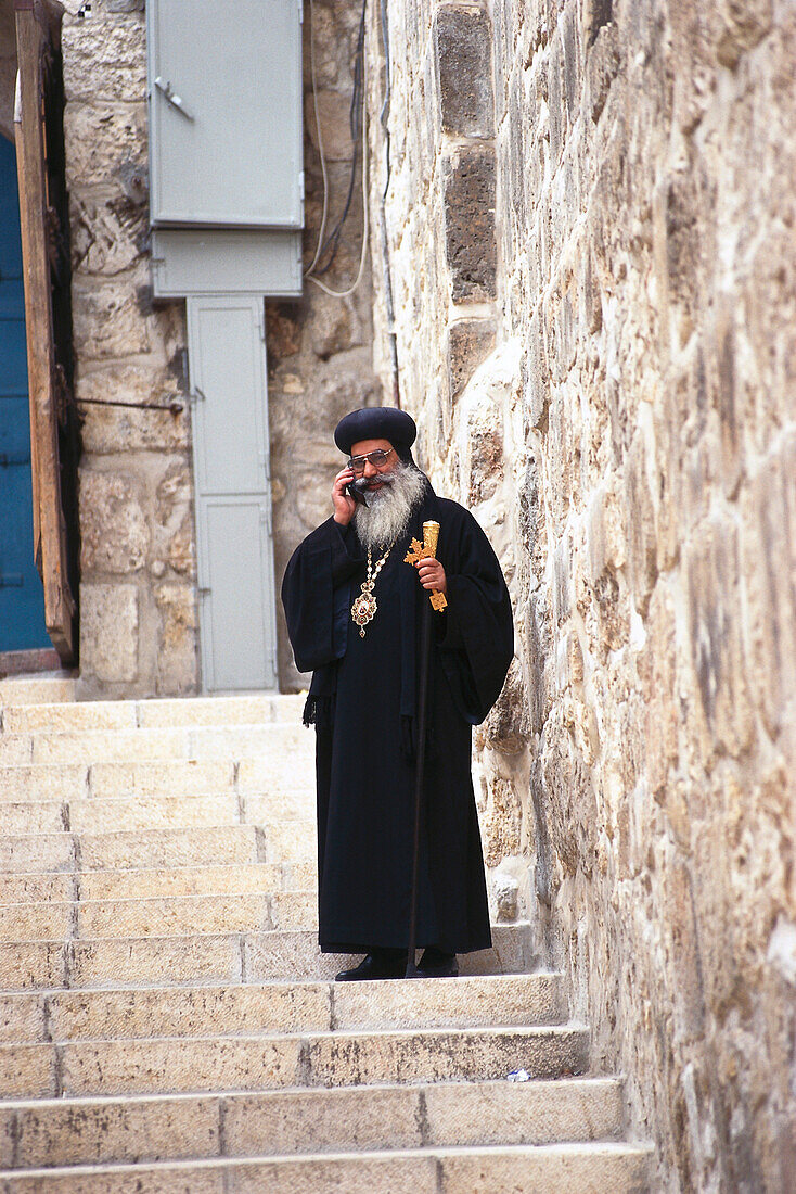 Coptic Monk, Mobile Phone, Via Dolorosa Jerusalem, Israel