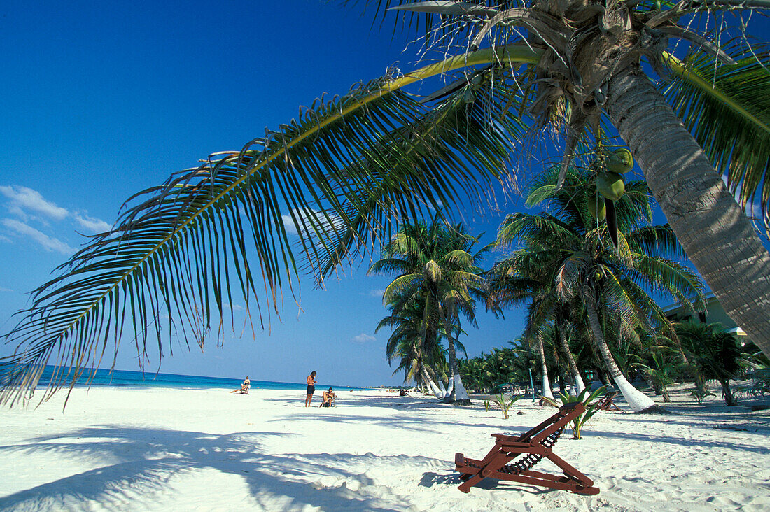 Deck chair on a sandy beach, Tulum, Quintana Roo, Yucatán, Mexico