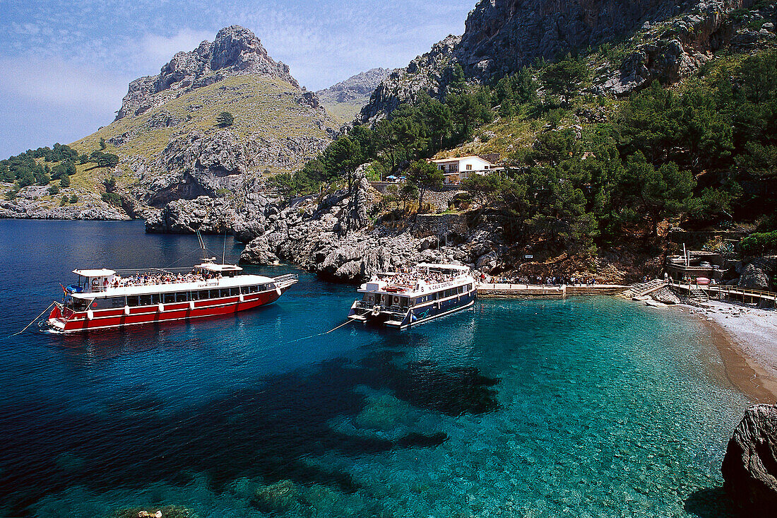 Ausflugsboot, Torrent de Pareis, Cala de Sa Calobra, Majorca, Spanien