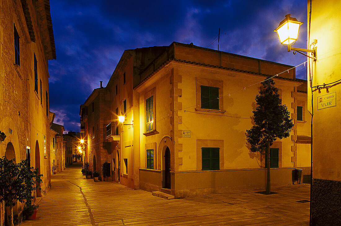 Alleway in the Old Town at night, Alcude, Majorca, Spain