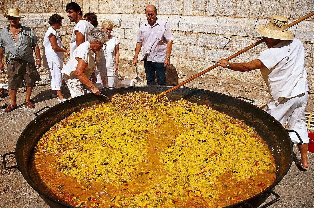 A large pan of paella at the Wine Festival, Benissalem, Majorca, Spain