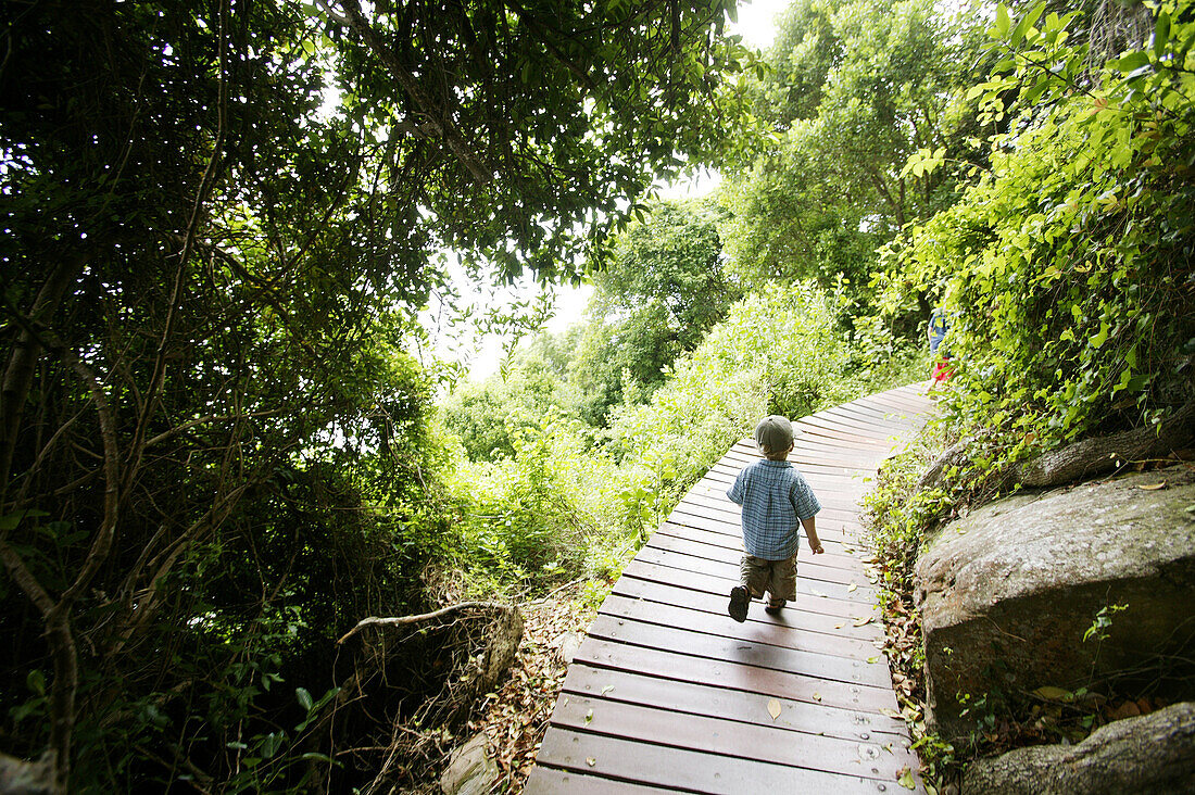 Young child, boy, running along the boardwalk to Storms River Mouth, Eastern Cape, South Africa