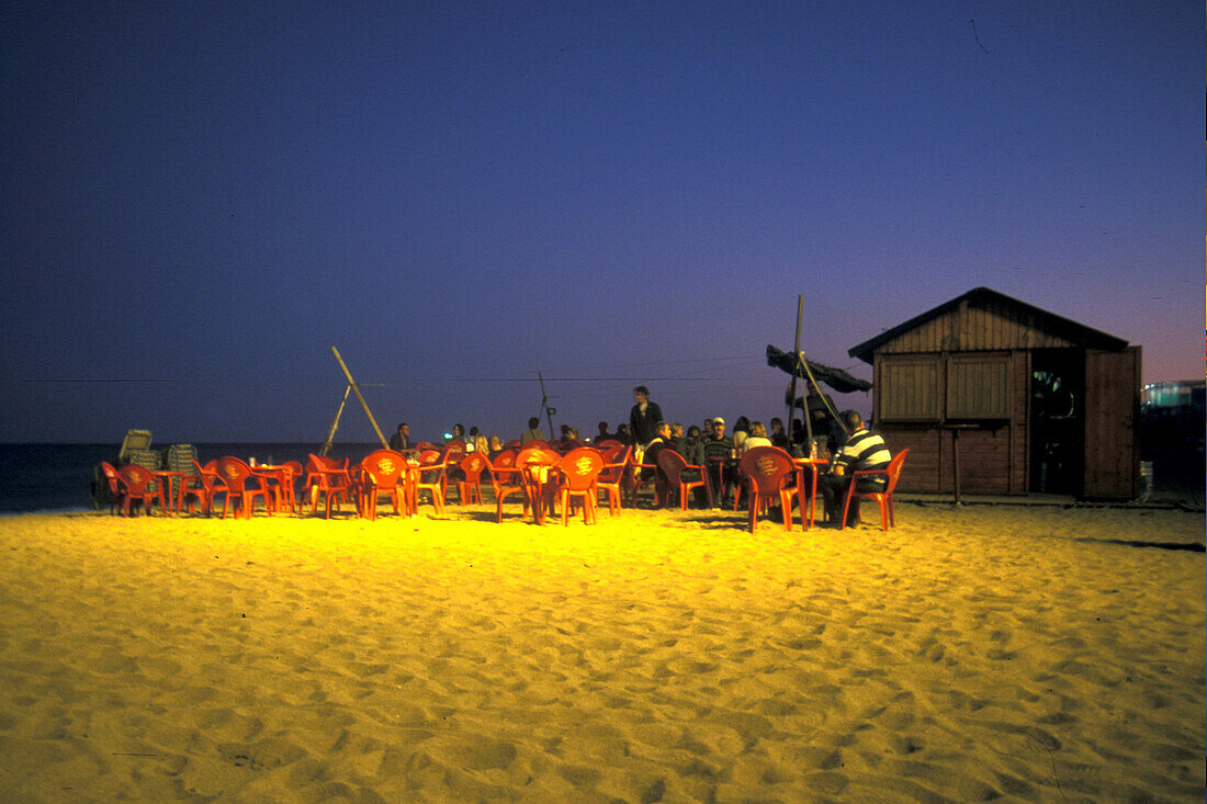 Beach bar at night, Playa Barceloneta, Barcelona, Spain