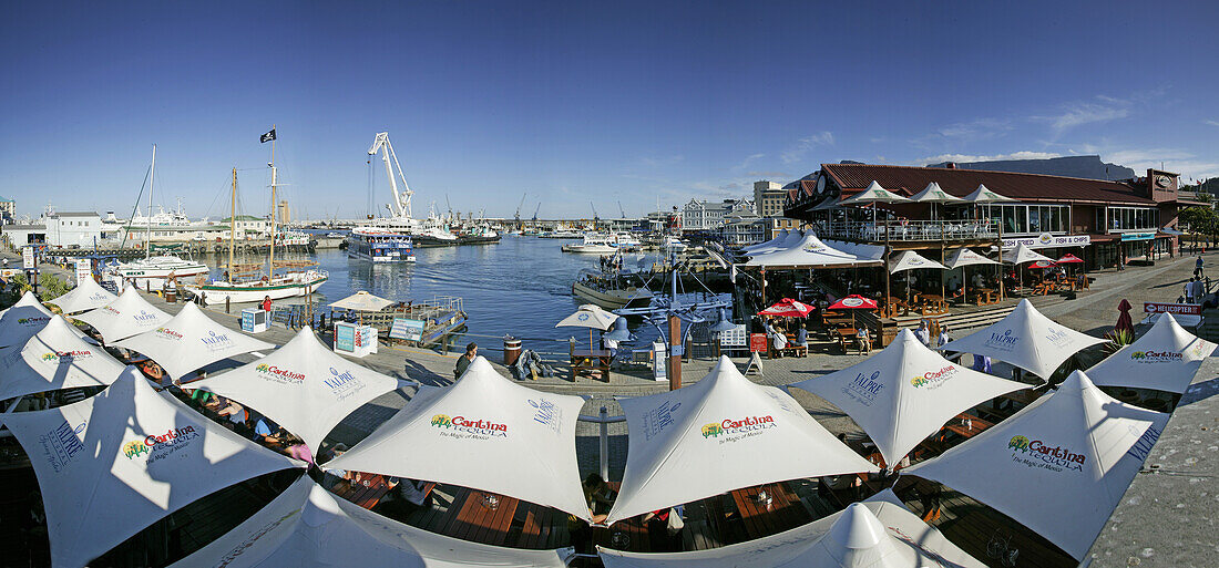 View over Victoria and Albert Waterfront, Victoria Wharf, Table Mountain, Cape Town, Western Cape, South Africa