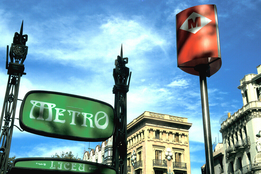 Sign of the subway station Liceu, La rambla, Barcelona, Spain, Europe
