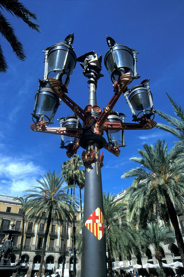 Strassenlaterne und Palmen auf einem Platz, Placa Reial, Barri Gotic, Barcelona, Spanien, Europa