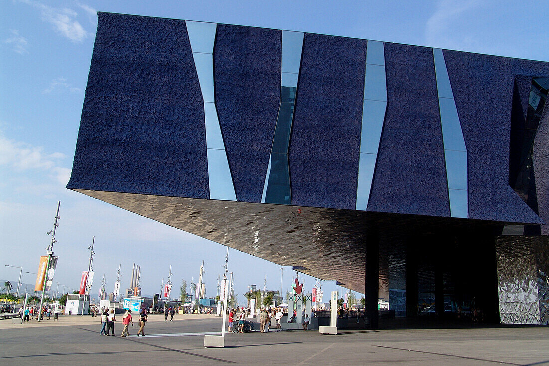 People in front of the entrance of the fair building, Forum 2004, Placa de Levant, Barcelona, Spain, Europe