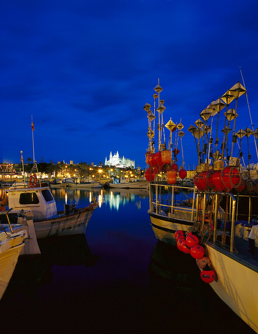 Fishing boats in the harbour, Cathedral La Seu in the background, Palma de Majorca, Majorca, Spain
