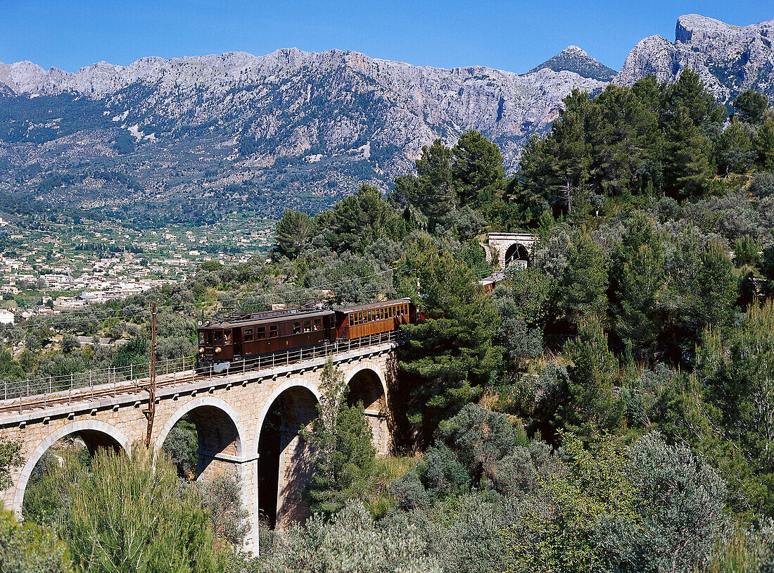 Railway bridge with train, Soller, Majorca, Spain