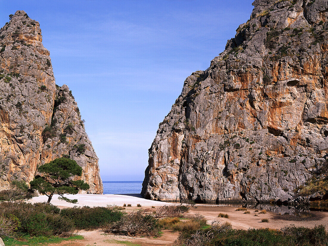Beach and rocky coast, Torrent de Pareis, Cala de Sa Calobra, Majorca, Spain