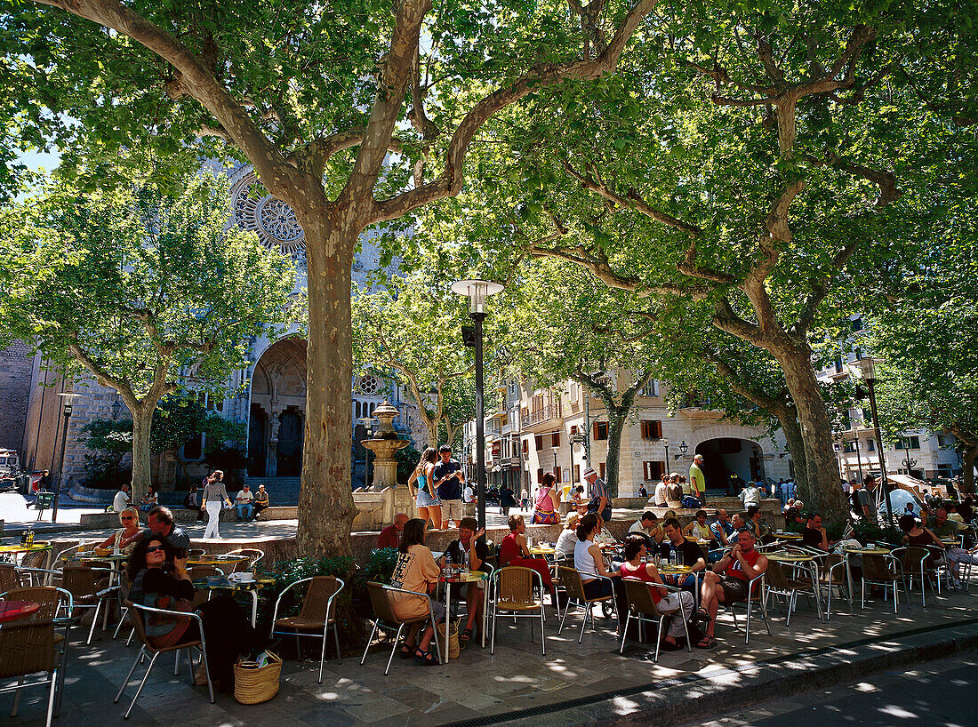 Streetcafes at Placa Costitucio, Soller, Majorca , Spain