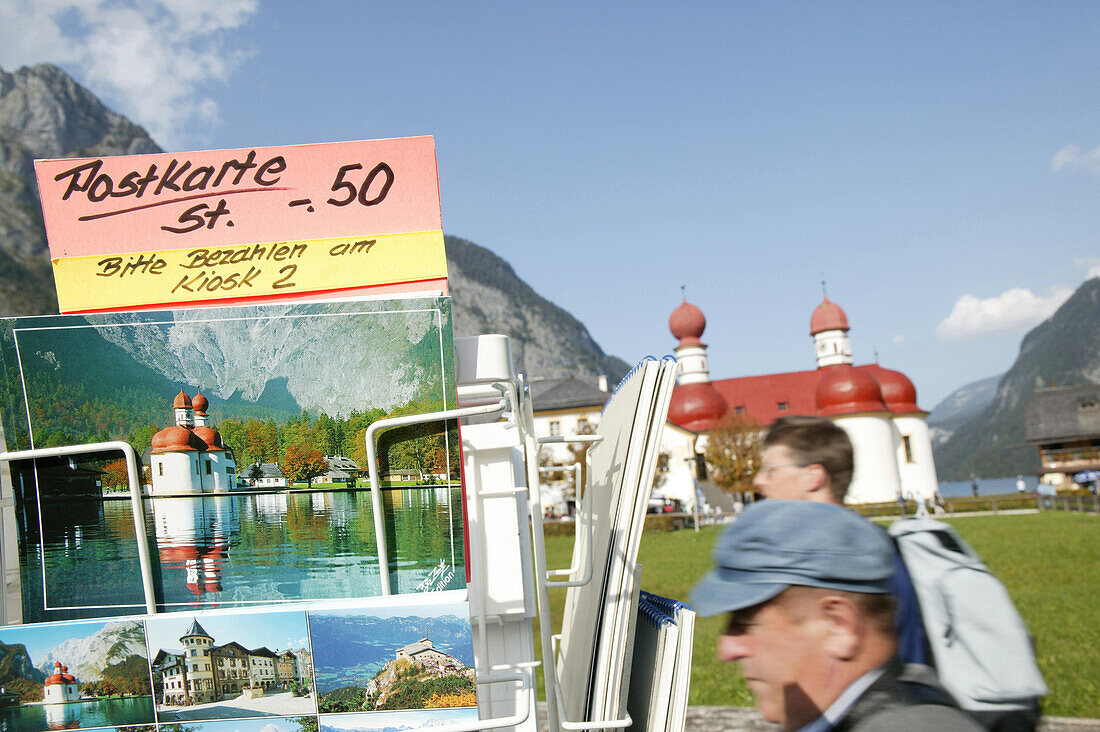 Postcards for sale, Close up of postcards, St.Bartholomae, Lake Koenigssee, Berchtesgaden, Bavaria, Germany