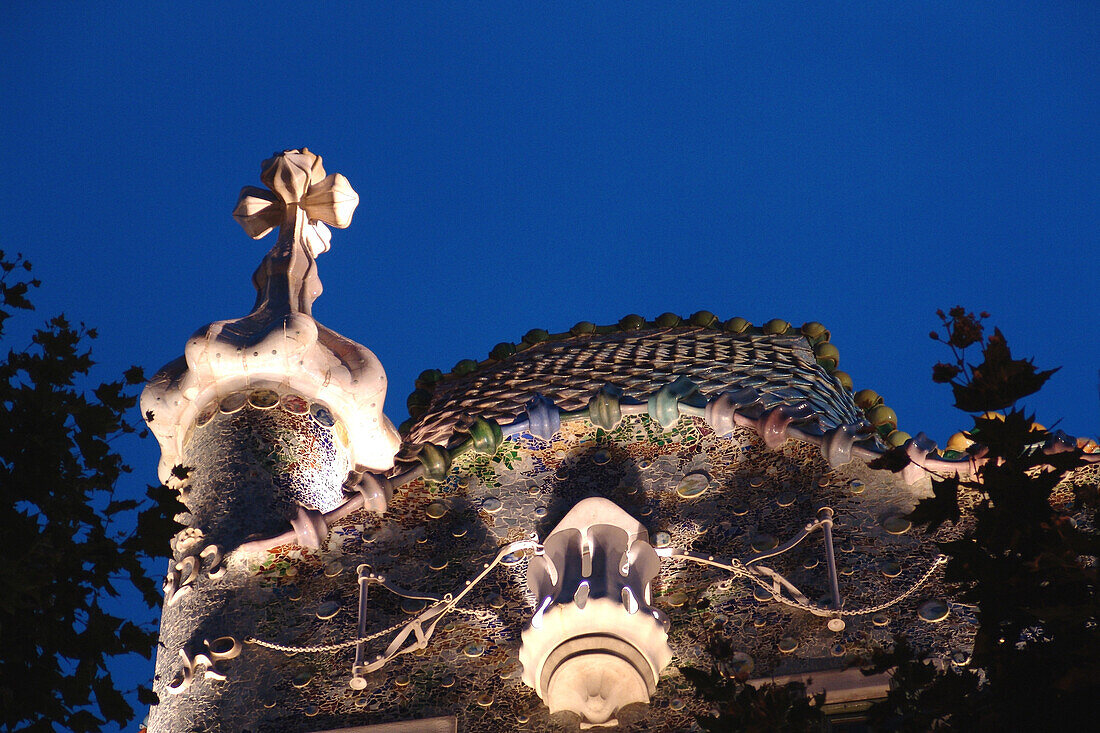 The illuminated Casa Batllo at night, Barcelona, Spain, Europe