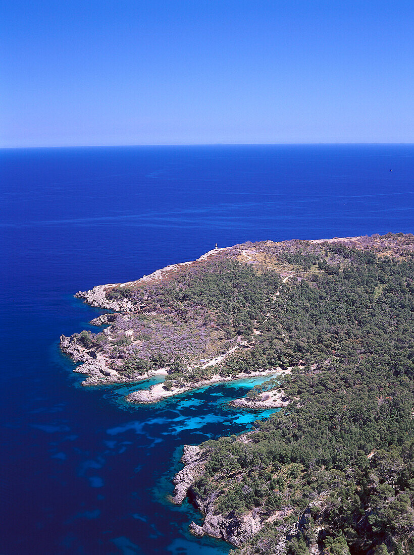 Blick von Penya Rotja, Cap de Pinar, in der Nähe von Alcúdia, Mallorca, Spanien