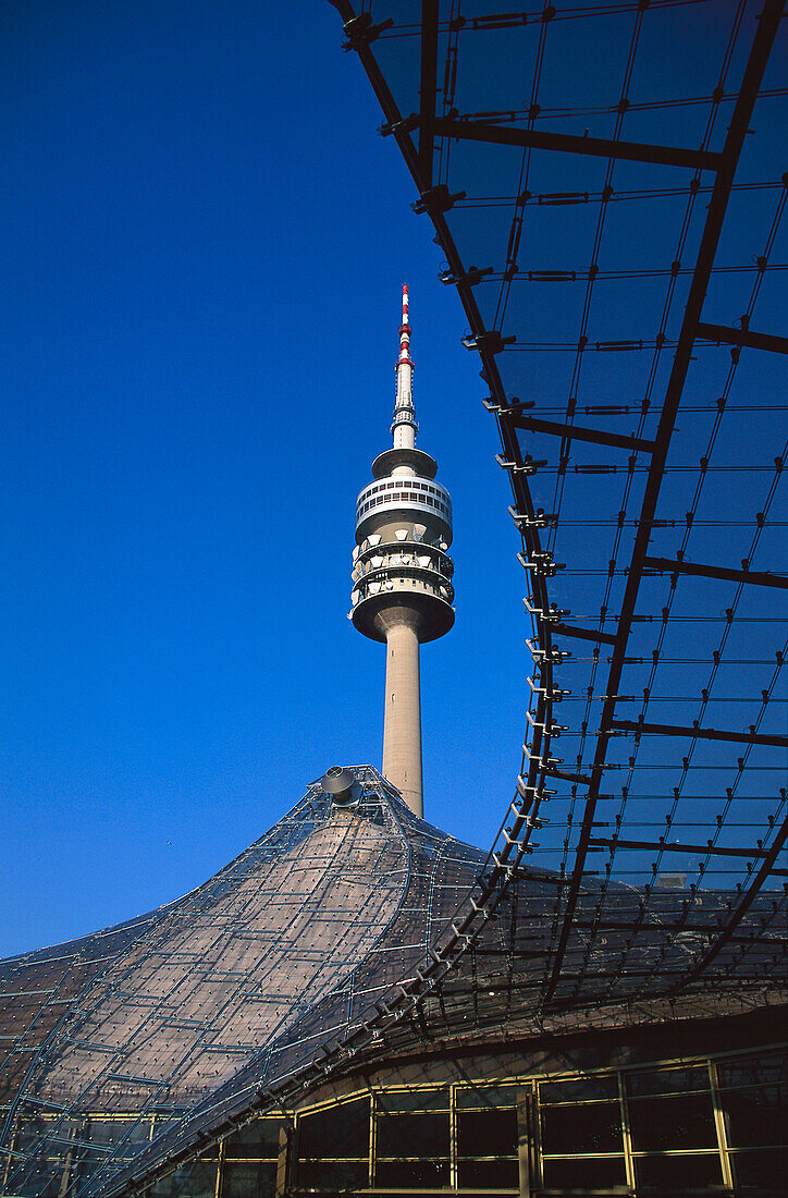 Olympia television tower and Olympia Park under blue sky, Munich, Bavaria, Germany, Europe