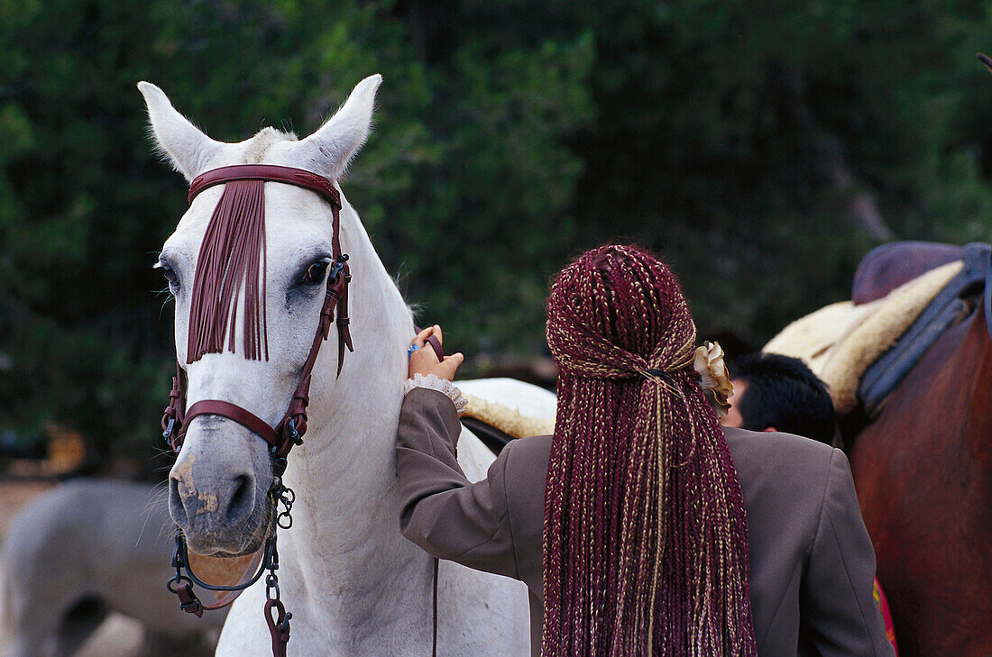 Frau neben weissem Pferd, Romeria de San Isidro, Nerja, Costa del Sol, Provinz Malaga, Andalusien, Spanien, Europa