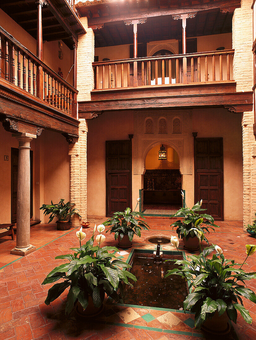 Deserted patio of the Casa Morisca hotel, Albaicin, Granada, Andalusia, Spain, Europe