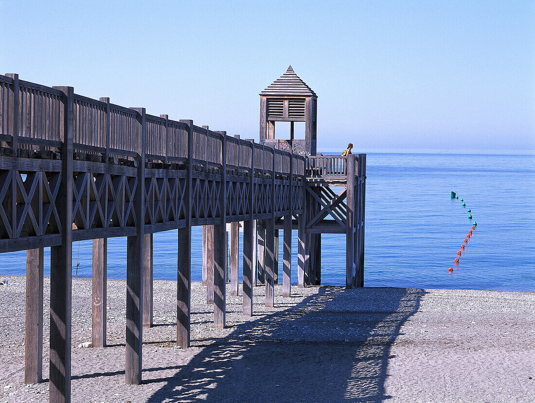 Footbridge at the beach, La Herradura, Costa del Sol, Mediterranean Sea, Province of Granada, Andalusia, Spain
