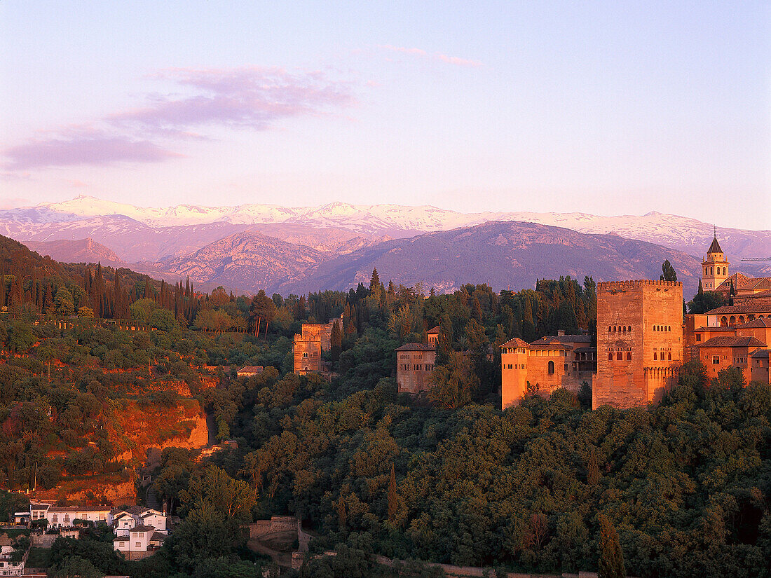 Alhambra castle in the afterglow, Granada, Andalusia, Spain, Europe