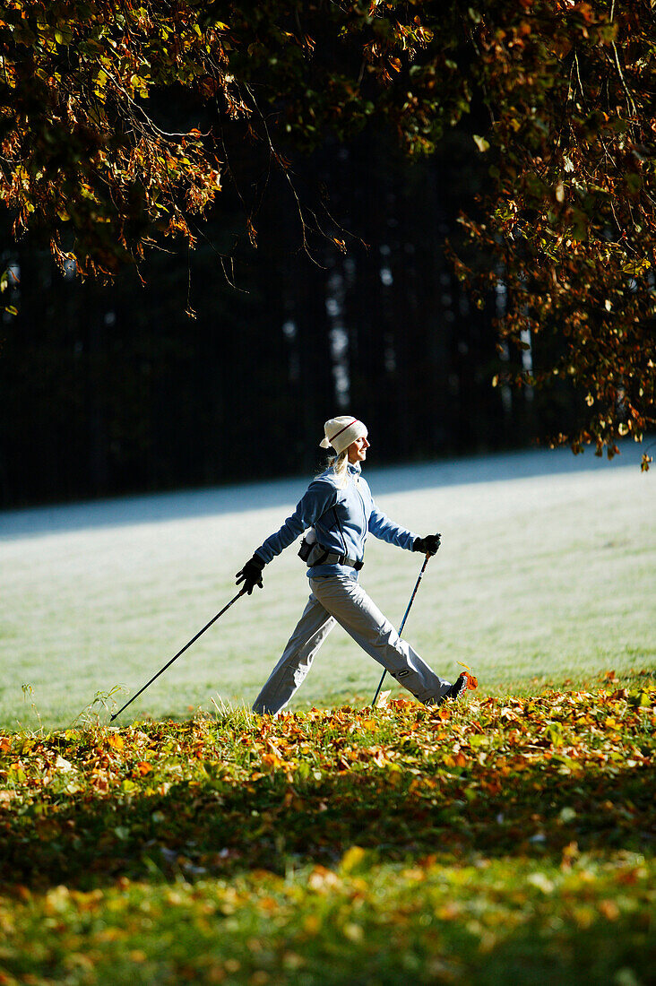 Young woman Nordic Walking, Nordic Walking, Herbst, Young Woman, Nordic Walking, Voralpenland, Germany, Junge Frau, Nordic Walking, Herbst, Voralpenland Oberambach am Starnberger See, 2005