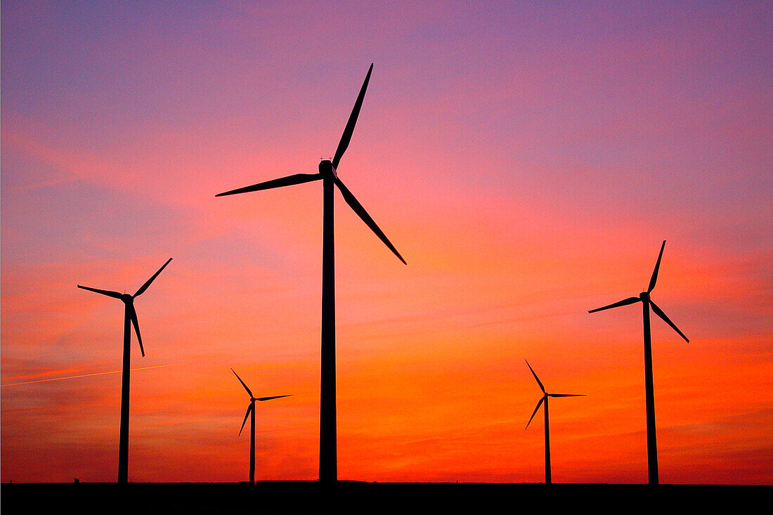 Wind park at dusk, Wittstock, Mecklenburg-Western Pomerania, Germany