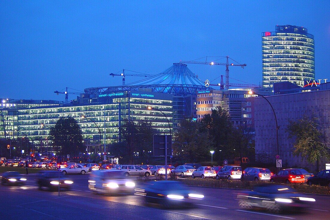 Street and buildings at Potsdamer Platz in the evening, Berlin Germany, Berlin, Germany, Europe
